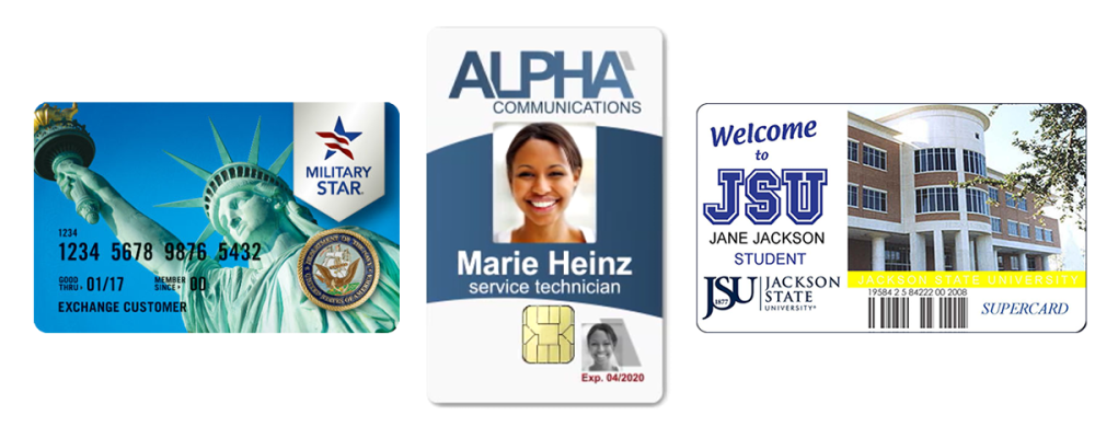Banner showing a military STAR card, an employee ID card, and a campus card